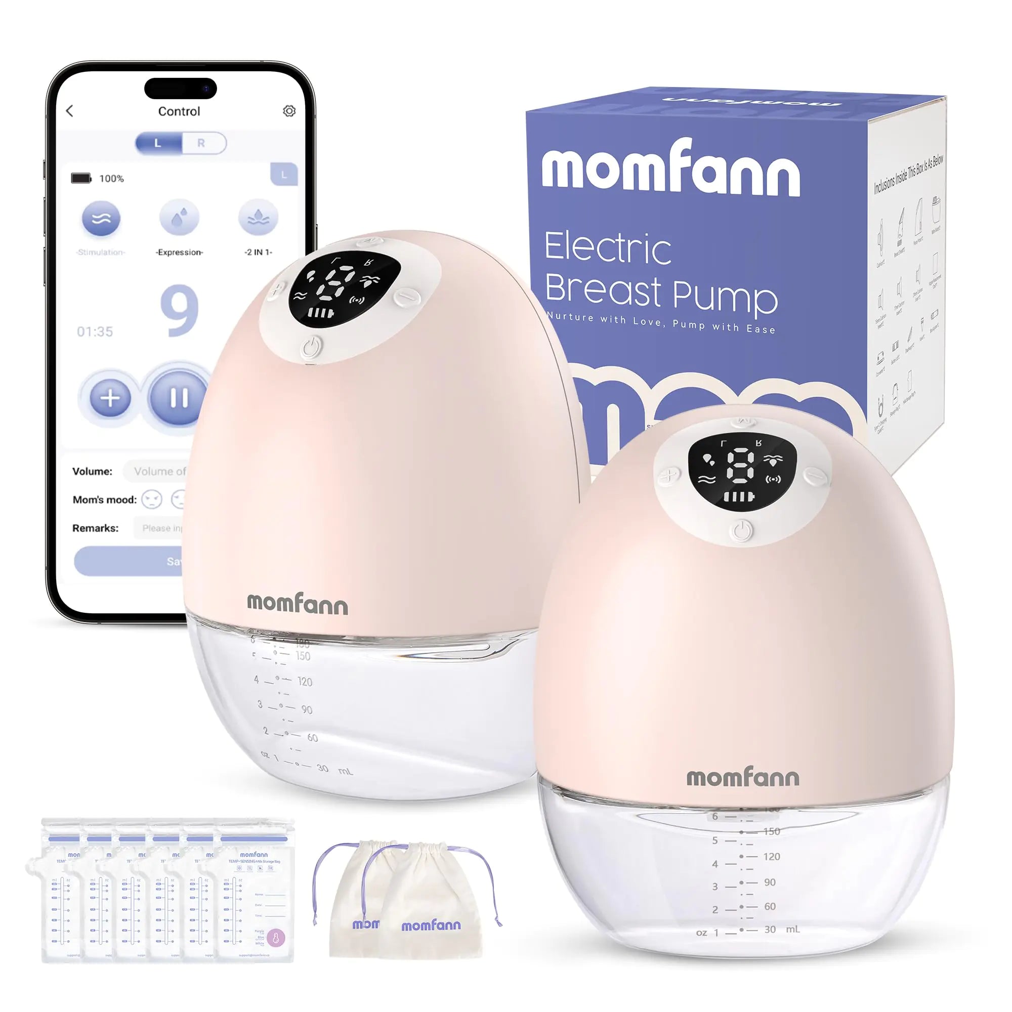 MOMFANN Breast Pump Wearable Hands-Free APP Control Portable Breast Pump with Efficient Milk Output Leak-Proof Design Discreet Quieter 3 Modes 9 Levels Electric Breast Pump Beige